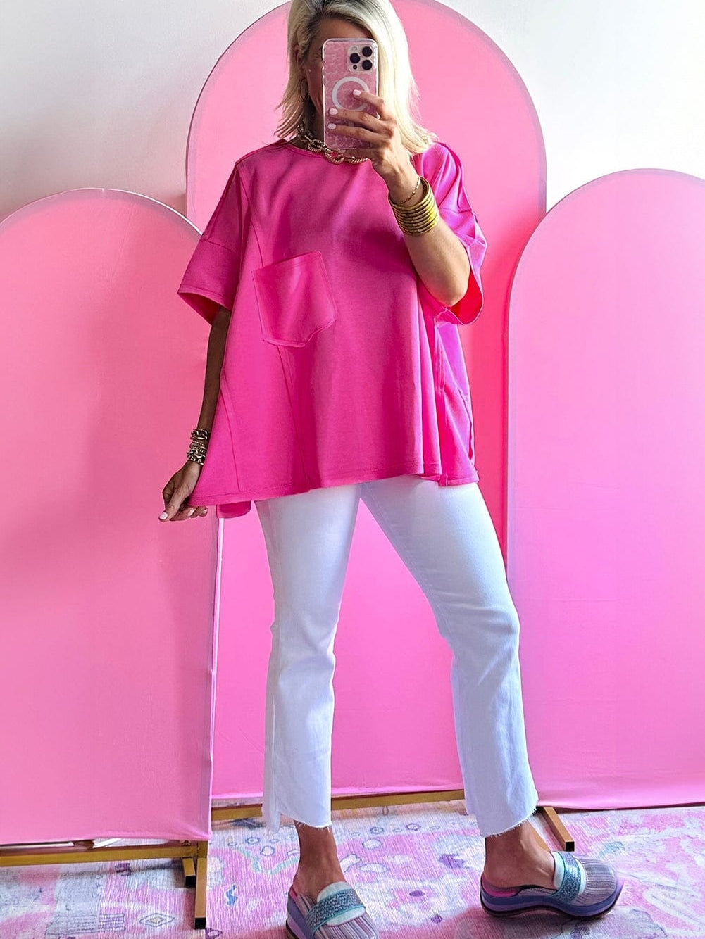 Vibrant Pink Oversized T-shirt with Patched Pocket and Exposed Seam