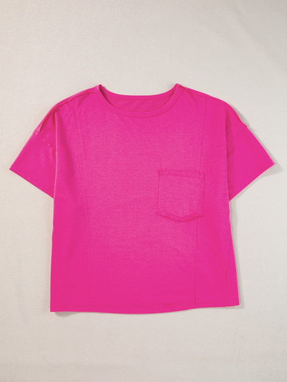 Vibrant Pink Oversized T-shirt with Patched Pocket and Exposed Seam