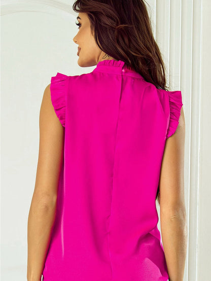 Vibrant Pink Pleated Sleeveless Top with Mock Neck & Ruffle Detail
