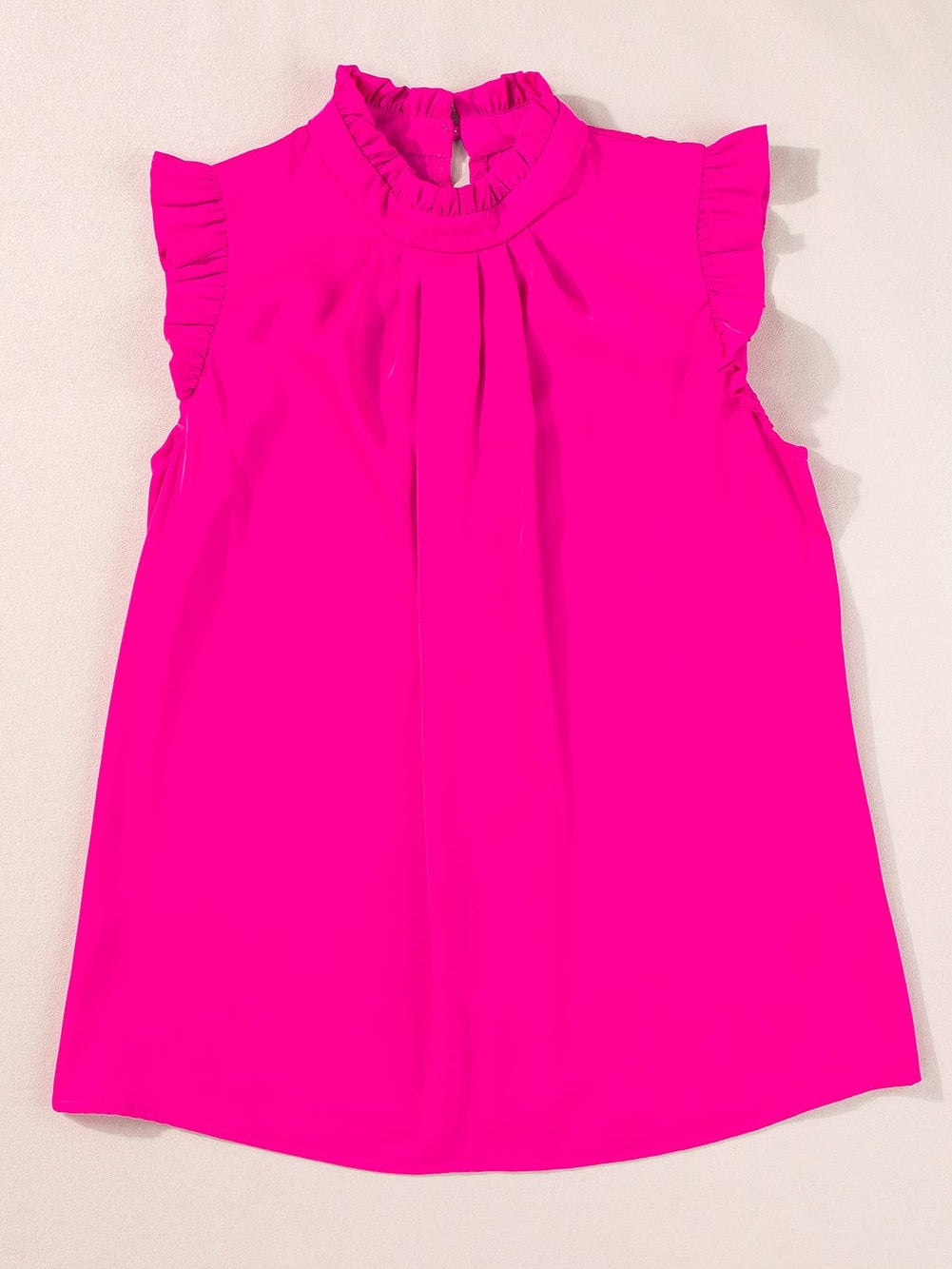 Vibrant Pink Pleated Sleeveless Top with Mock Neck & Ruffle Detail