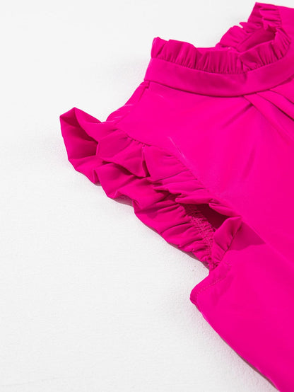 Vibrant Pink Pleated Sleeveless Top with Mock Neck & Ruffle Detail