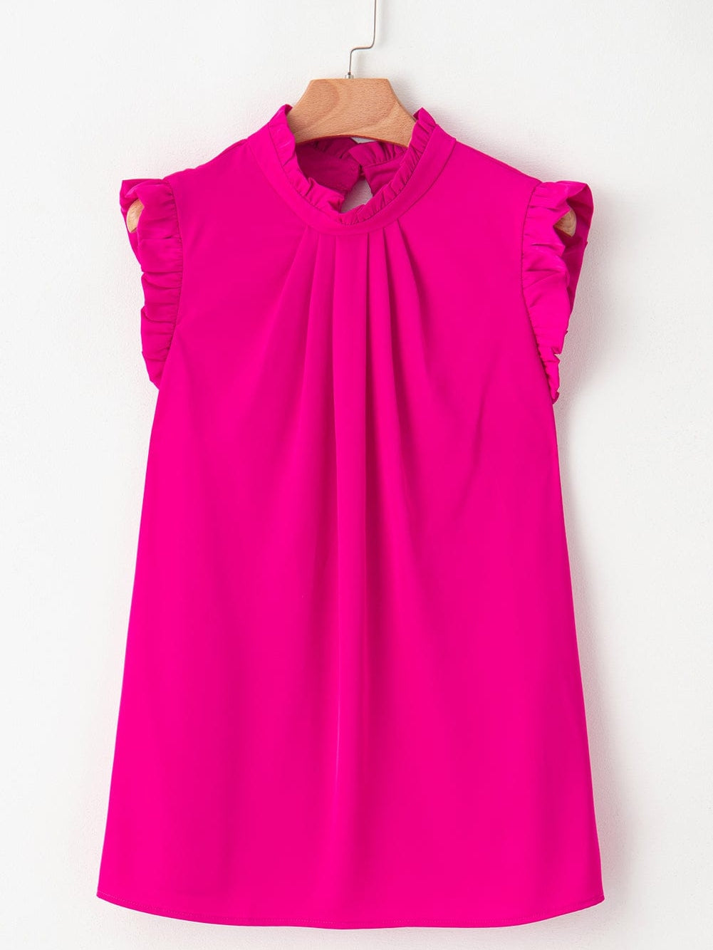 Vibrant Pink Pleated Sleeveless Top with Mock Neck & Ruffle Detail