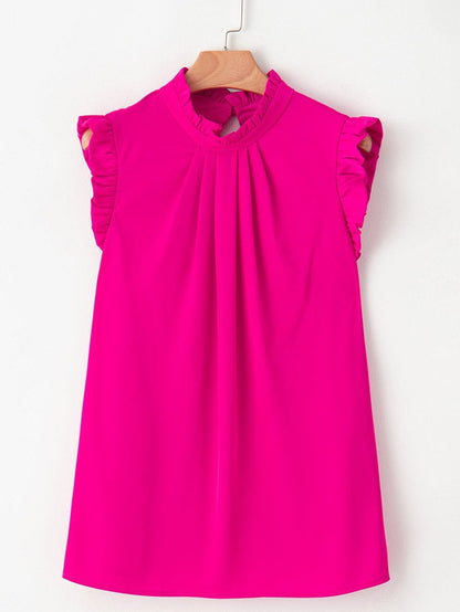 Vibrant Pink Pleated Sleeveless Top with Mock Neck & Ruffle Detail