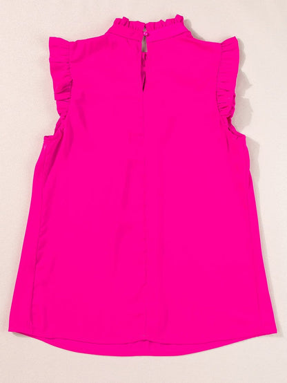 Vibrant Pink Pleated Sleeveless Top with Mock Neck & Ruffle Detail