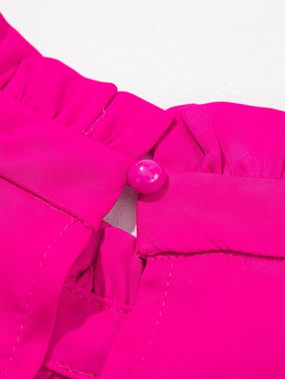 Vibrant Pink Pleated Sleeveless Top with Mock Neck & Ruffle Detail