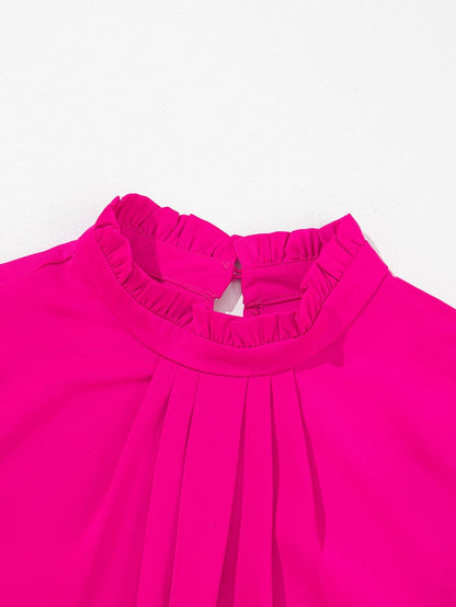 Vibrant Pink Pleated Sleeveless Top with Mock Neck & Ruffle Detail