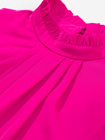 Vibrant Pink Pleated Sleeveless Top with Mock Neck & Ruffle Detail