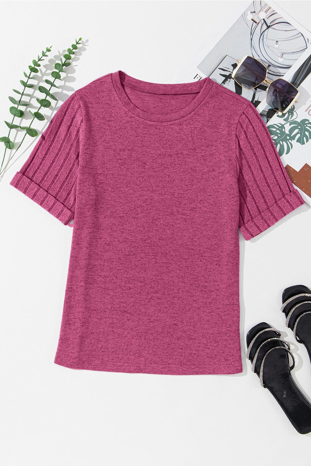 Vibrant Pink Ribbed Sleeve Patchwork Round Neck Tee