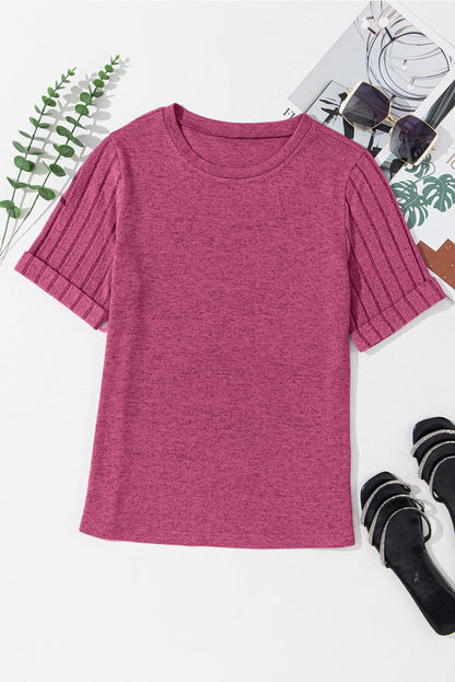 Vibrant Pink Ribbed Sleeve Patchwork Round Neck Tee