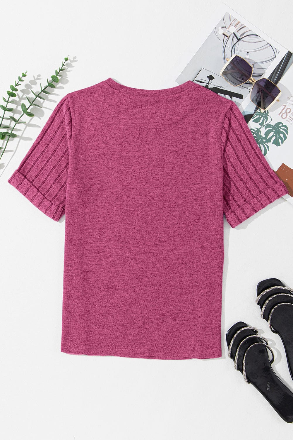 Vibrant Pink Ribbed Sleeve Patchwork Round Neck Tee