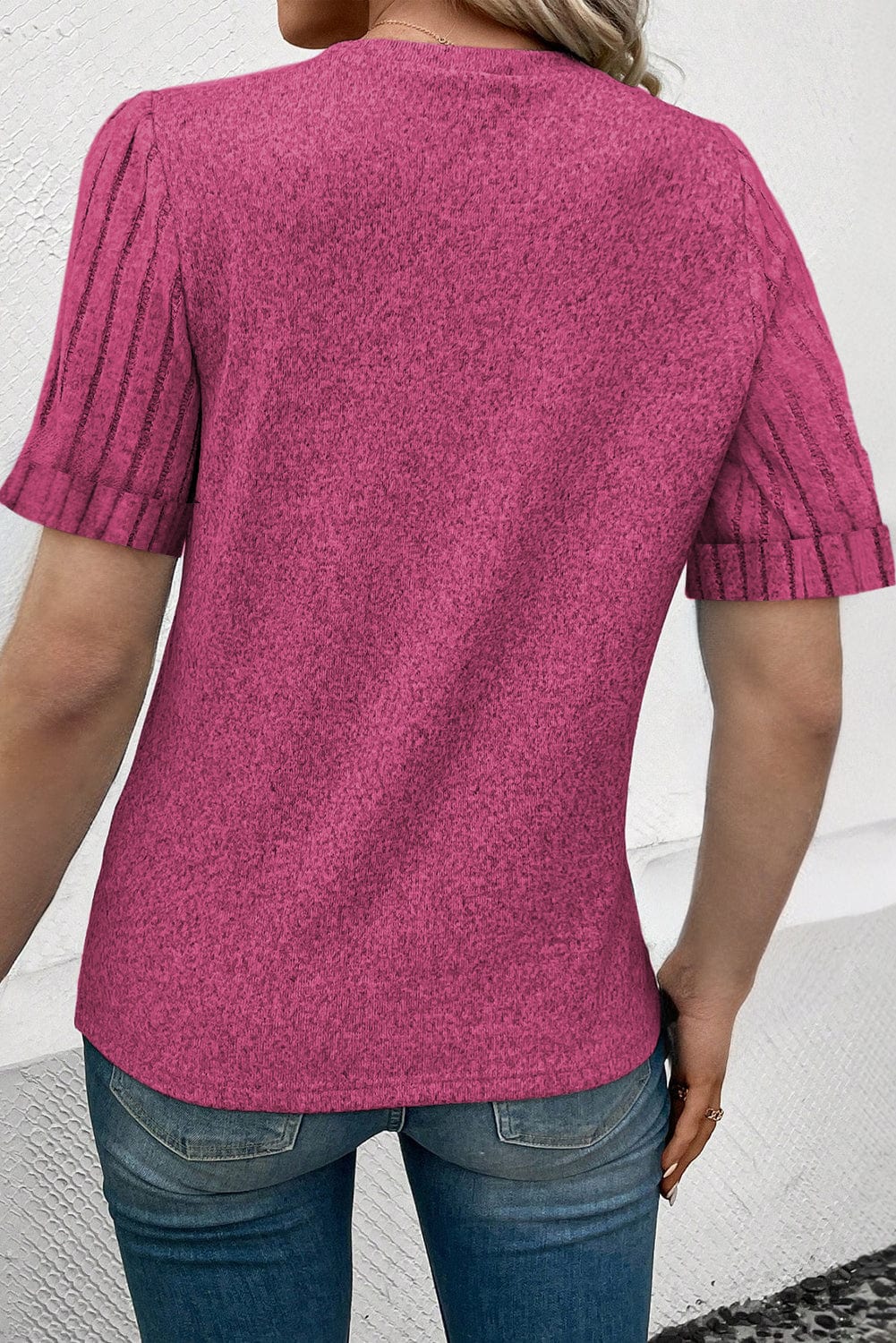 Vibrant Pink Ribbed Sleeve Patchwork Round Neck Tee