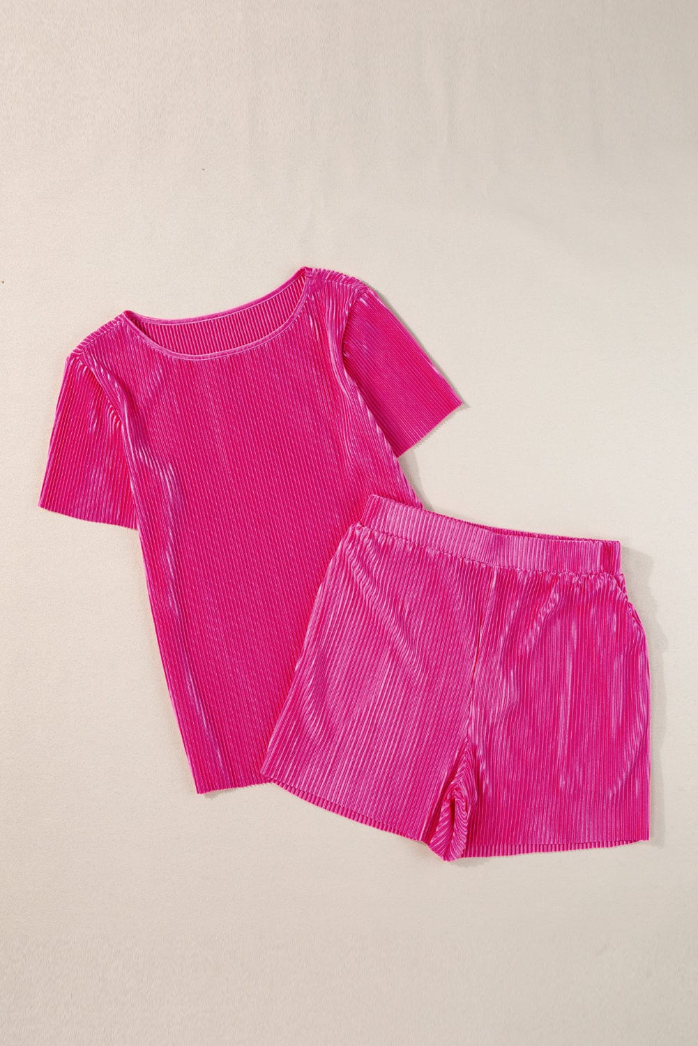 Vibrant Pink Satin Pleated Two-Piece Ensemble
