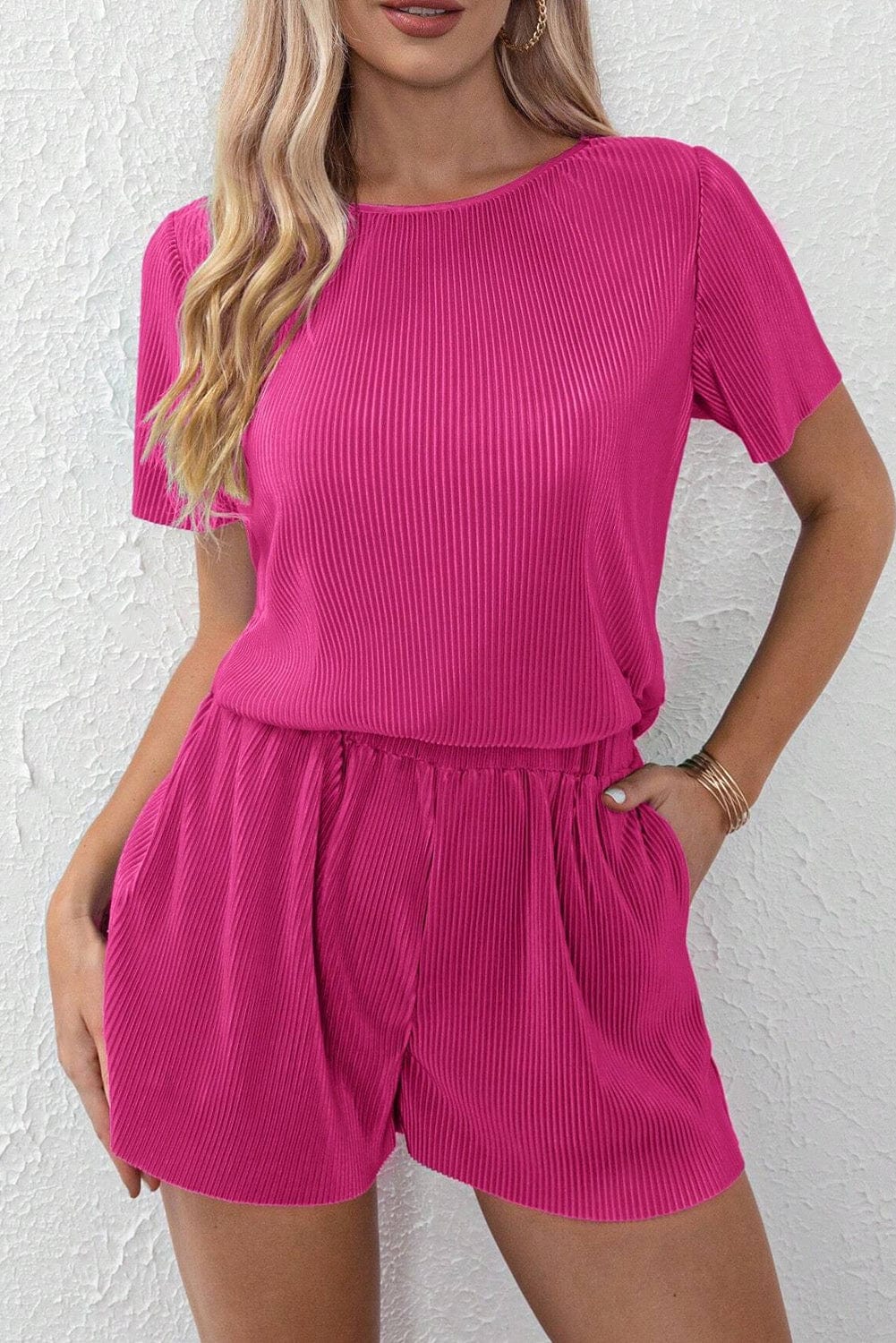 Vibrant Pink Satin Pleated Two-Piece Ensemble