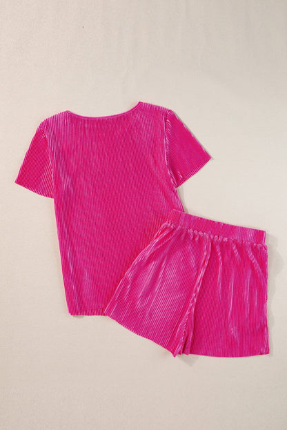 Vibrant Pink Satin Pleated Two-Piece Ensemble