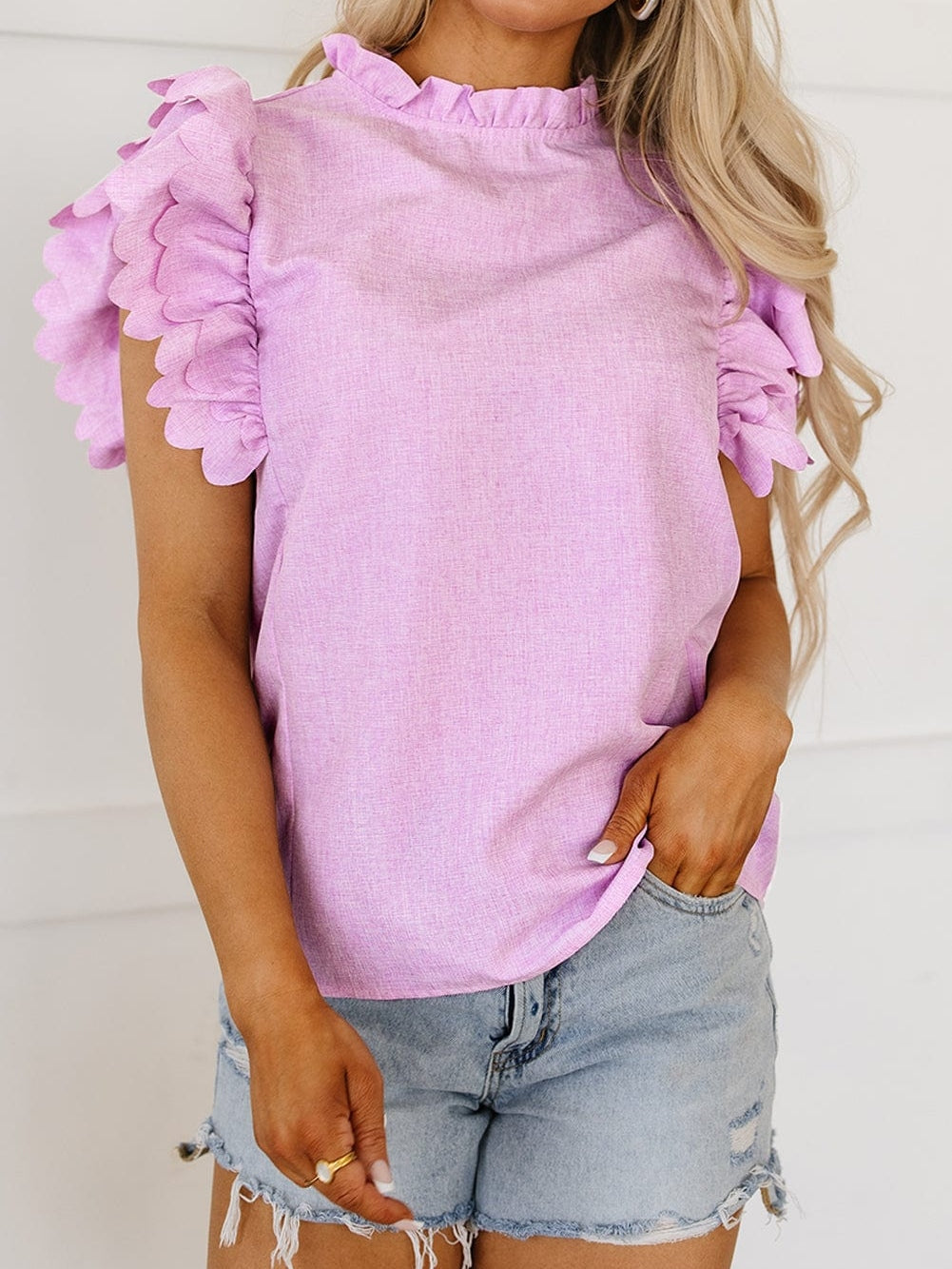 Vibrant Pink Scalloped Ruffle Sleeve Blouse
