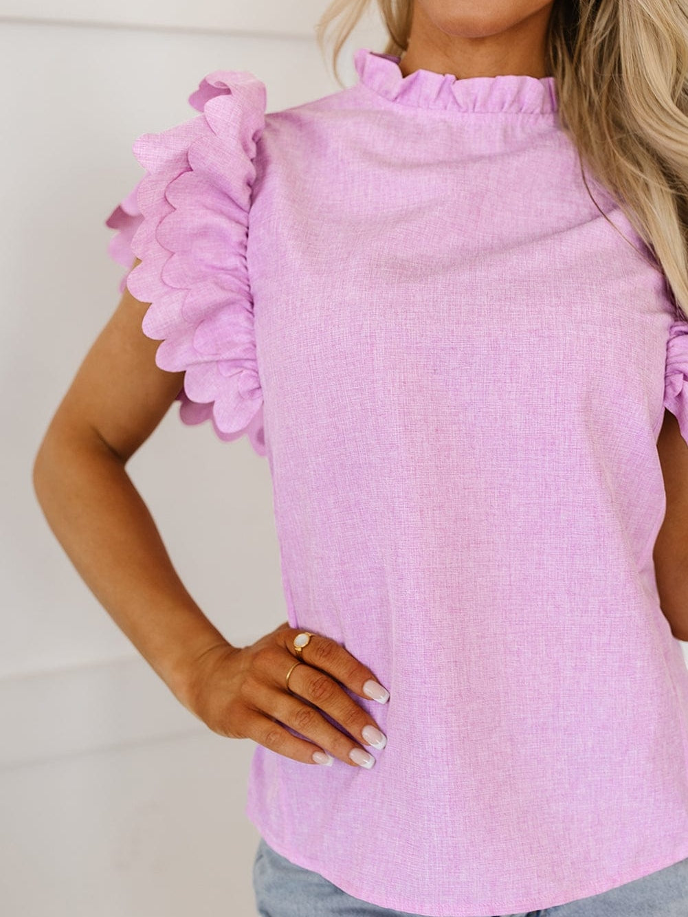 Vibrant Pink Scalloped Ruffle Sleeve Blouse