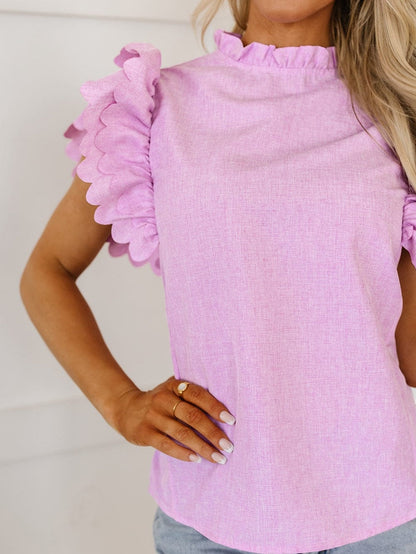 Vibrant Pink Scalloped Ruffle Sleeve Blouse