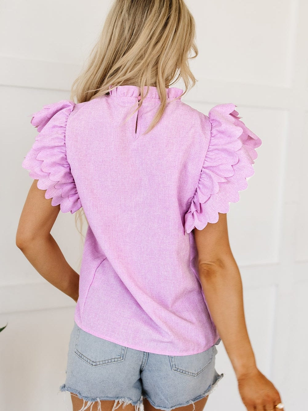 Vibrant Pink Scalloped Ruffle Sleeve Blouse