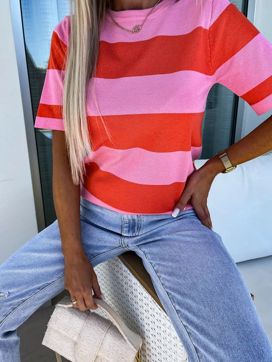 Vibrant Pink Striped Colorblock Knit Top with Short Sleeves