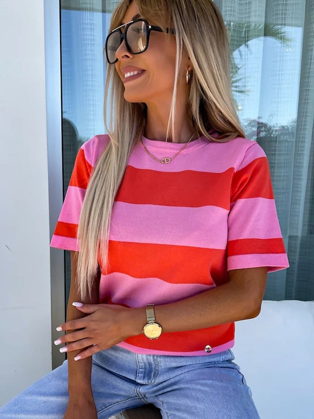 Vibrant Pink Striped Colorblock Knit Top with Short Sleeves