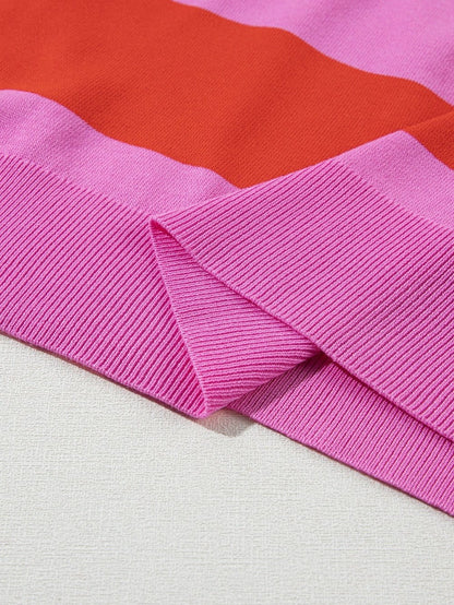 Vibrant Pink Striped Colorblock Knit Top with Short Sleeves