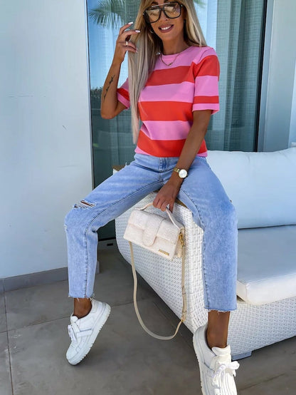 Vibrant Pink Striped Colorblock Knit Top with Short Sleeves