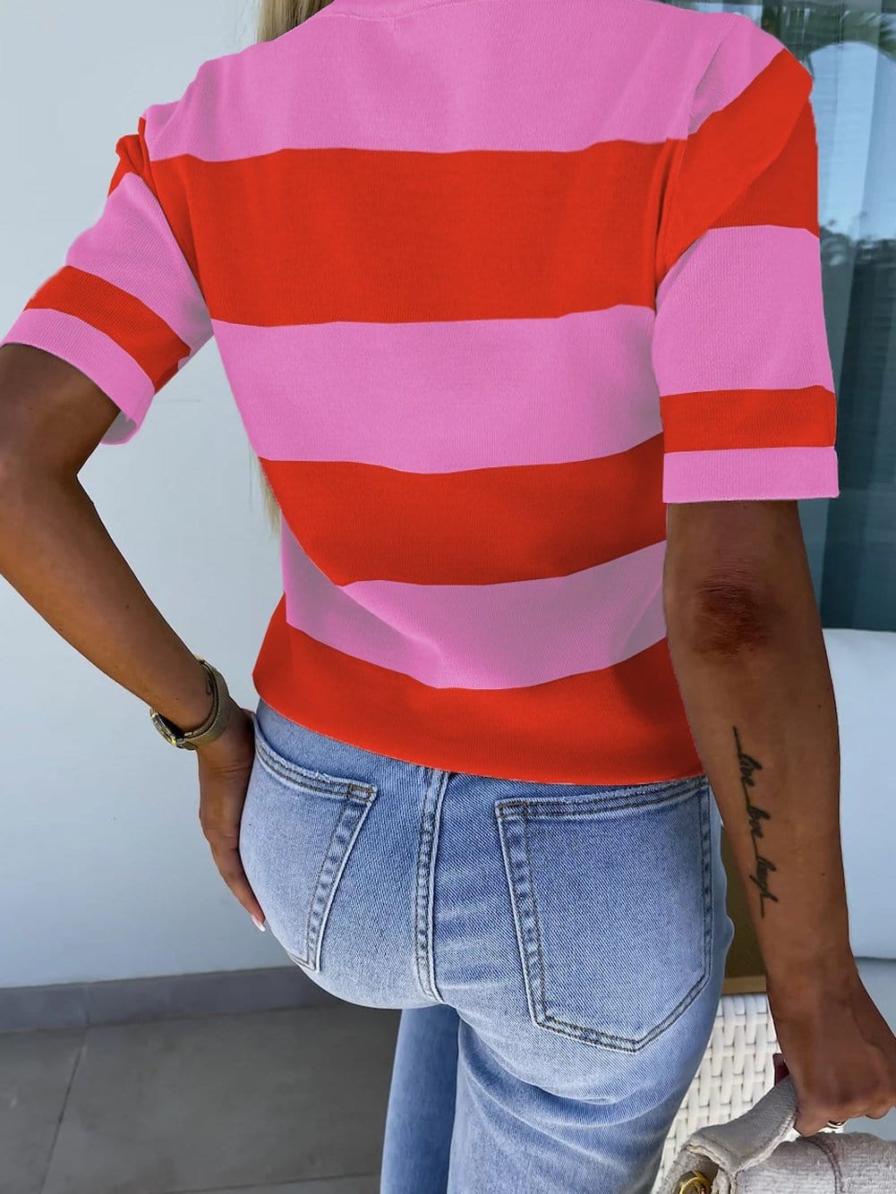 Vibrant Pink Striped Colorblock Knit Top with Short Sleeves