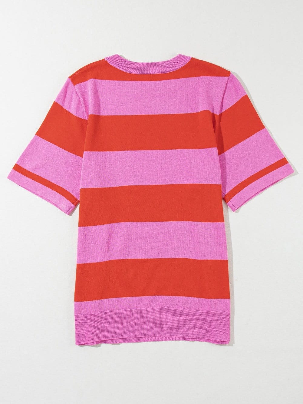 Vibrant Pink Striped Colorblock Knit Top with Short Sleeves