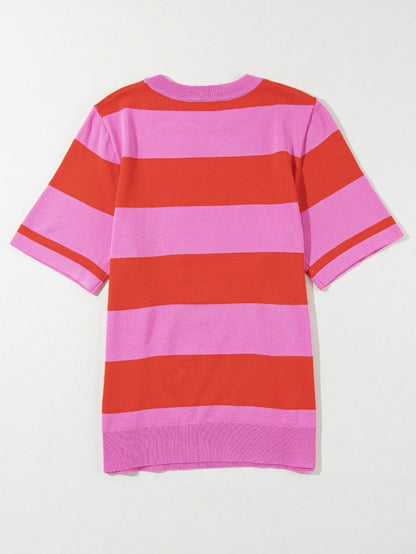 Vibrant Pink Striped Colorblock Knit Top with Short Sleeves