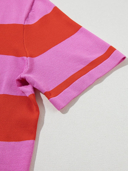 Vibrant Pink Striped Colorblock Knit Top with Short Sleeves
