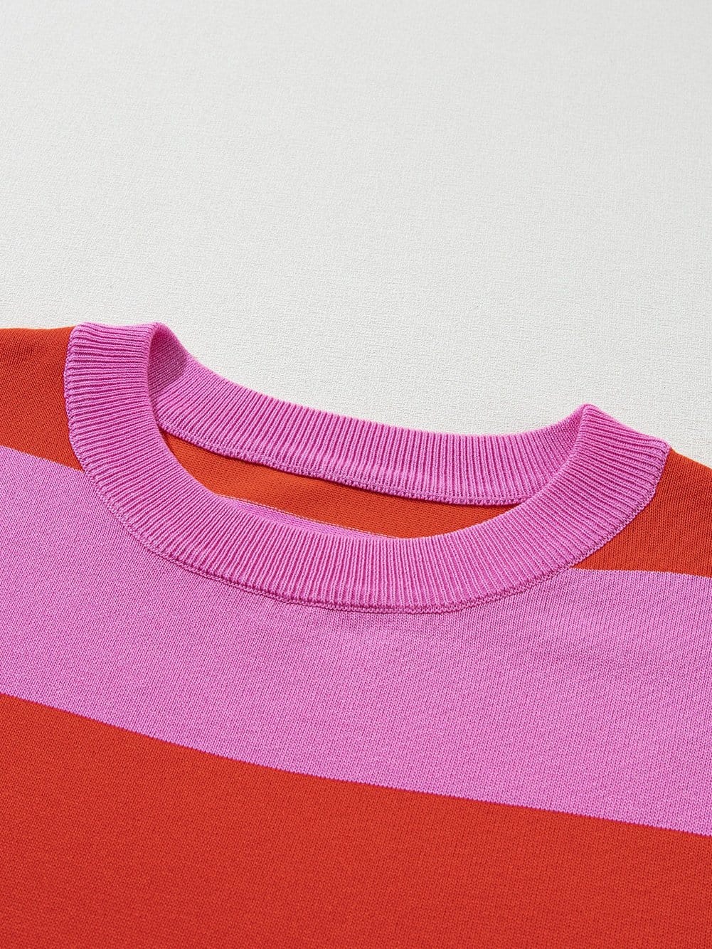 Vibrant Pink Striped Colorblock Knit Top with Short Sleeves