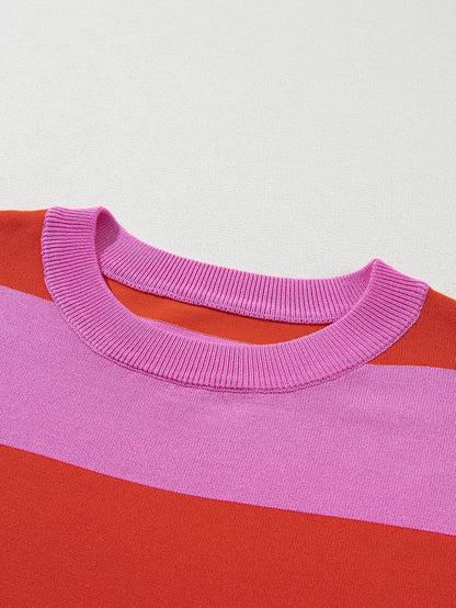 Vibrant Pink Striped Colorblock Knit Top with Short Sleeves