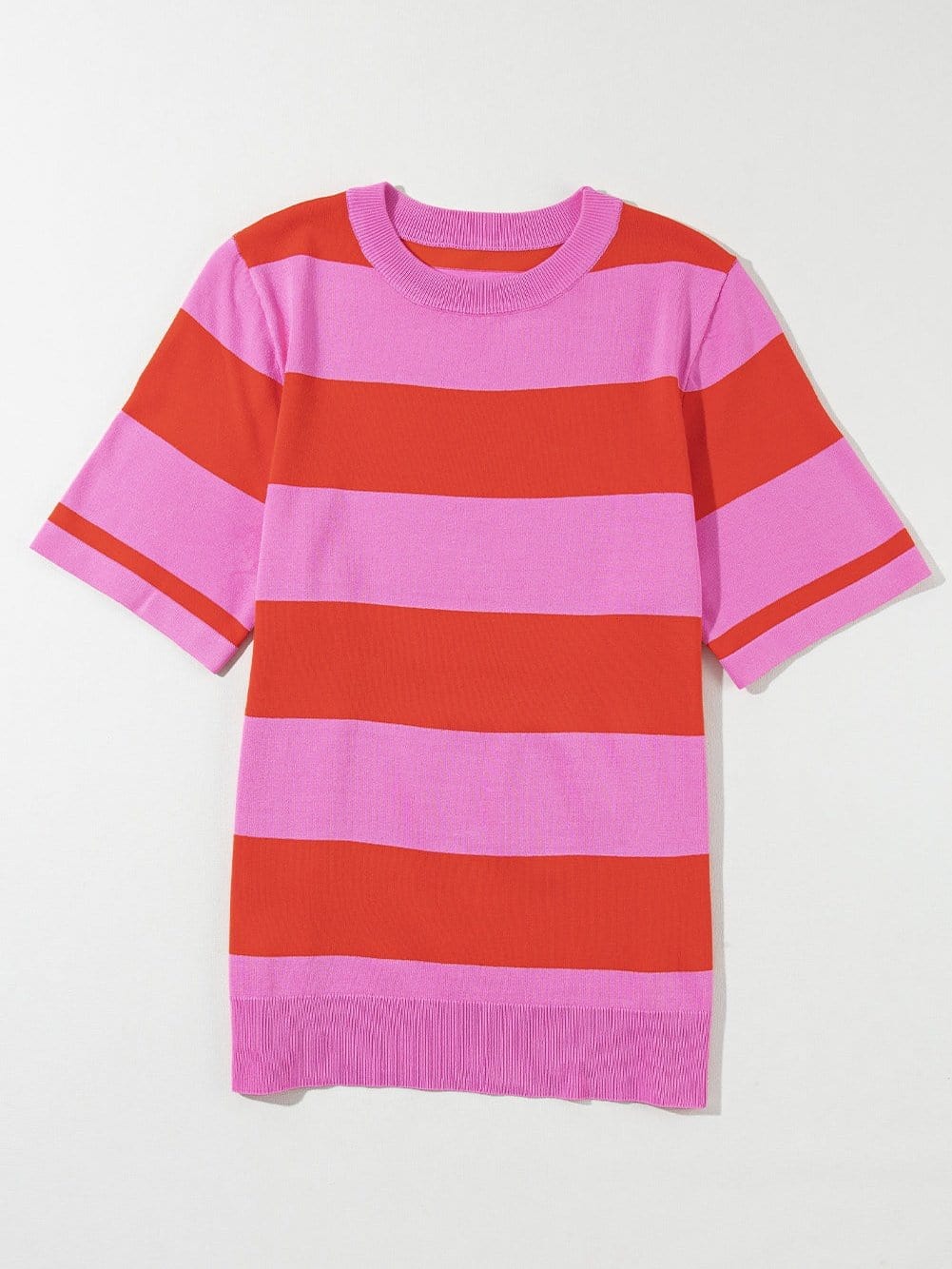 Vibrant Pink Striped Colorblock Knit Top with Short Sleeves