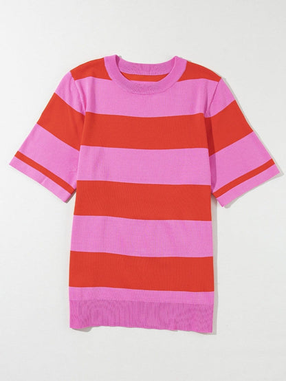 Vibrant Pink Striped Colorblock Knit Top with Short Sleeves