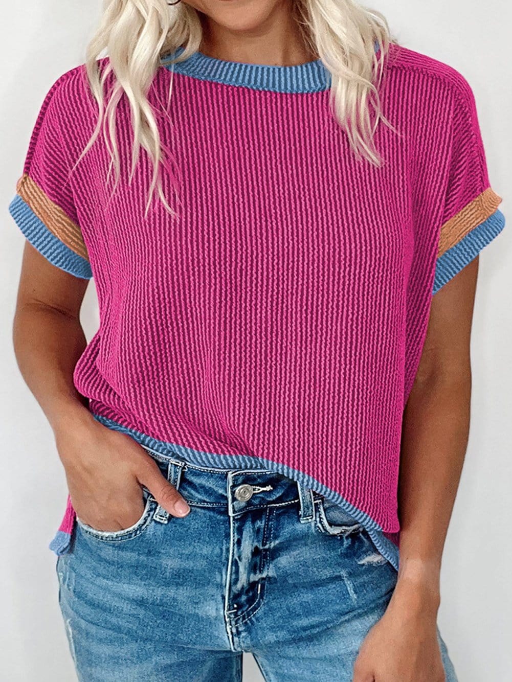 Vibrant Pink Textured Top with Contrast Trim - Casual Summer Tee