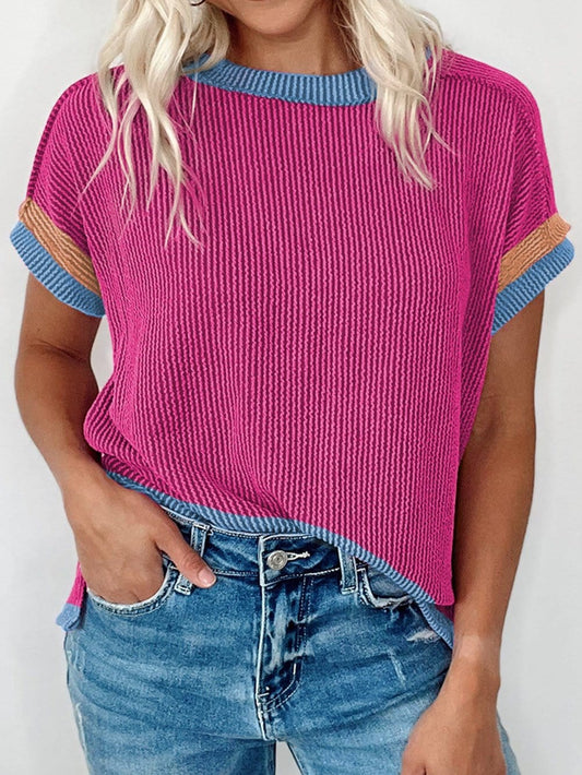 Vibrant Pink Textured Top with Contrast Trim - Casual Summer Tee