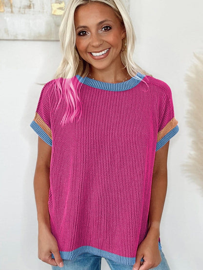 Vibrant Pink Textured Top with Contrast Trim - Casual Summer Tee