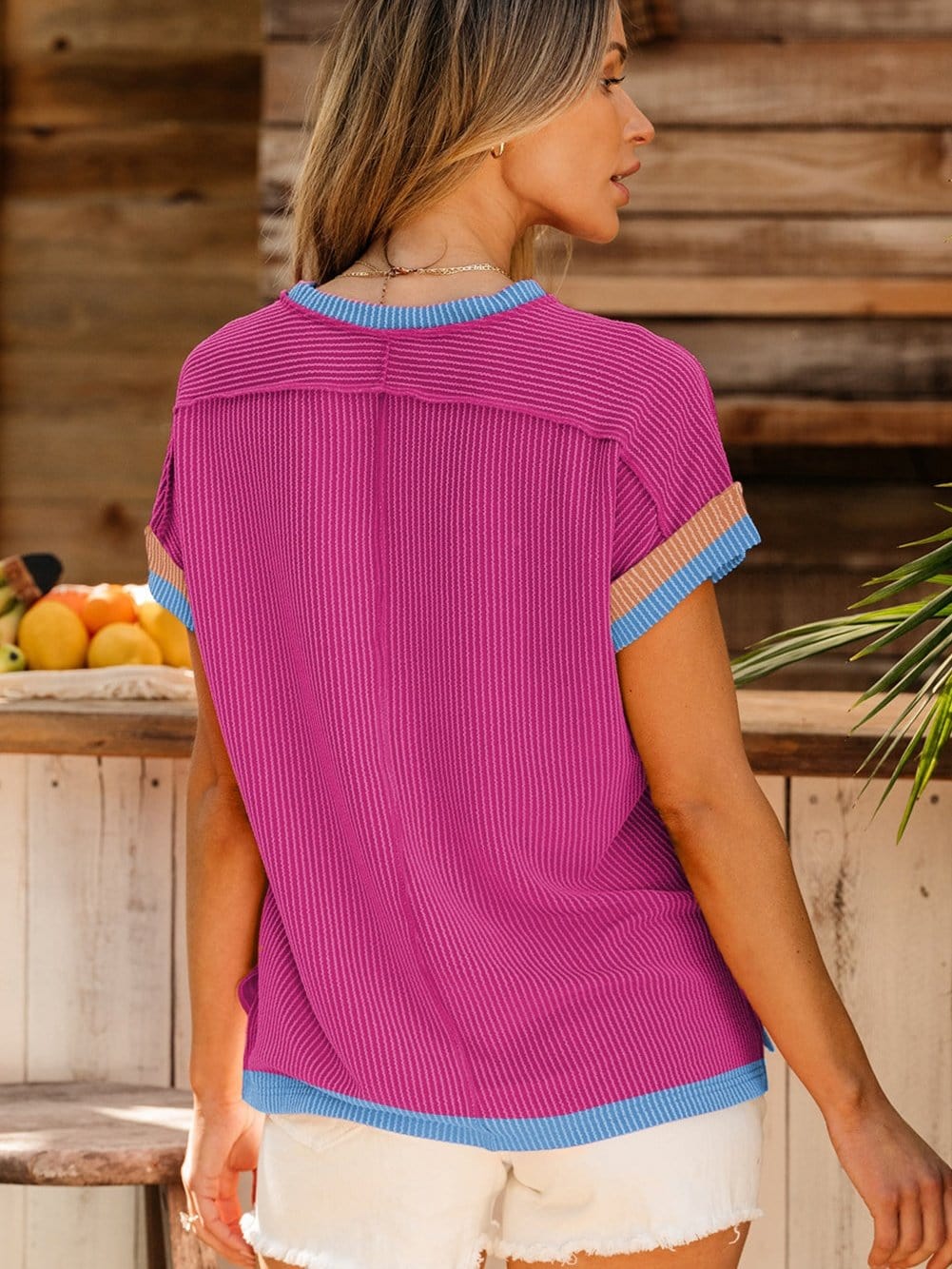 Vibrant Pink Textured Top with Contrast Trim - Casual Summer Tee