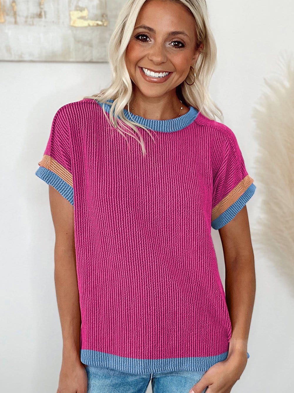 Vibrant Pink Textured Top with Contrast Trim - Casual Summer Tee
