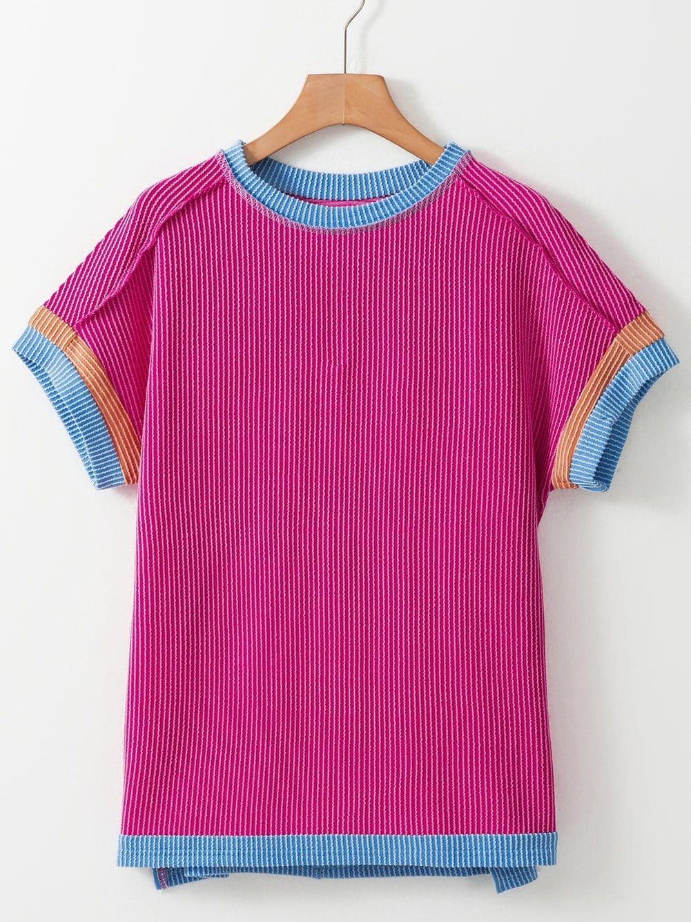 Vibrant Pink Textured Top with Contrast Trim - Casual Summer Tee