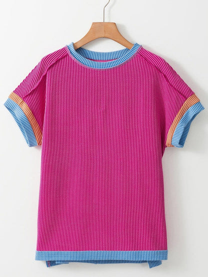 Vibrant Pink Textured Top with Contrast Trim - Casual Summer Tee