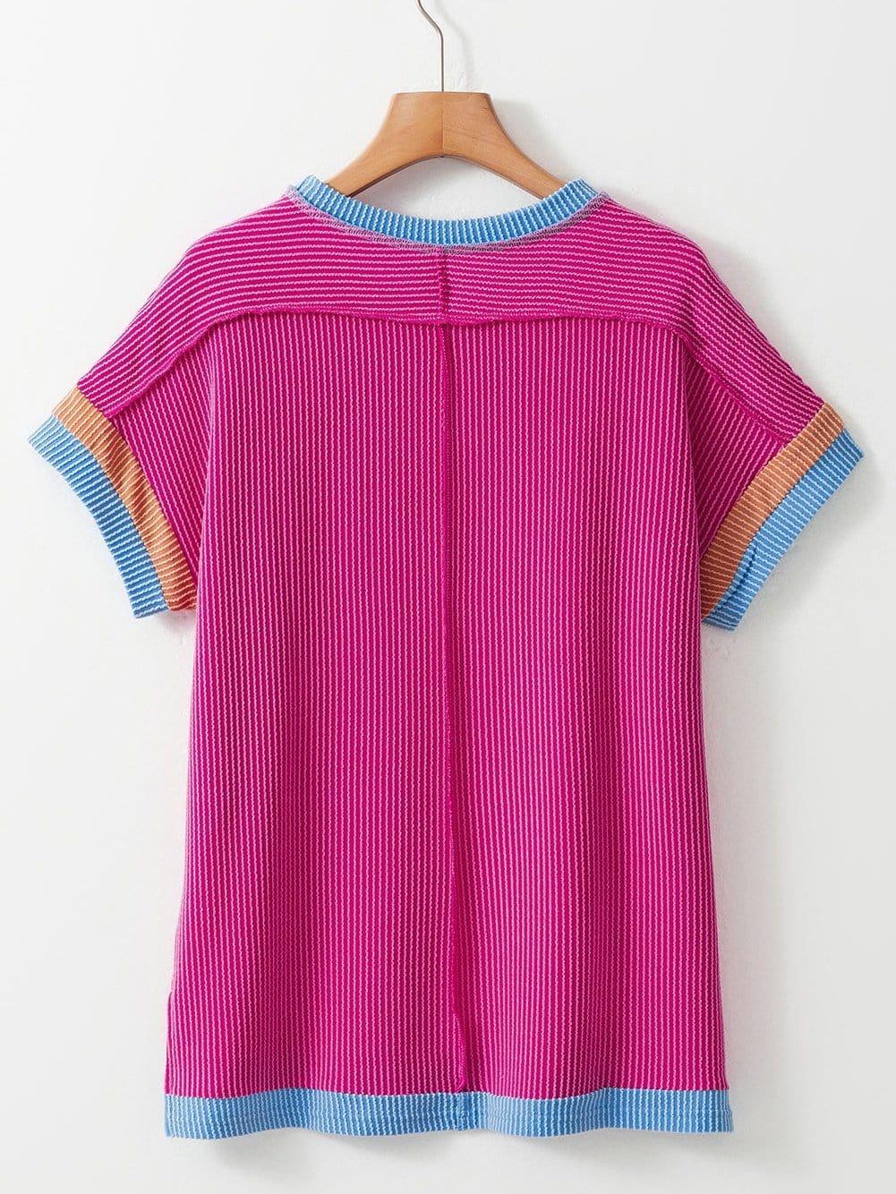 Vibrant Pink Textured Top with Contrast Trim - Casual Summer Tee