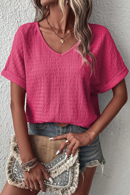Vibrant Pink Textured V Neck Tee with Rolled Sleeves