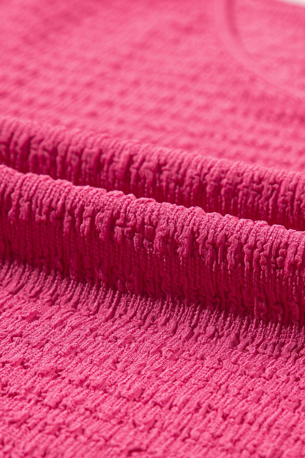 Vibrant Pink Textured V Neck Tee with Rolled Sleeves