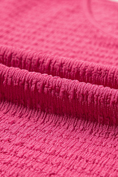Vibrant Pink Textured V Neck Tee with Rolled Sleeves
