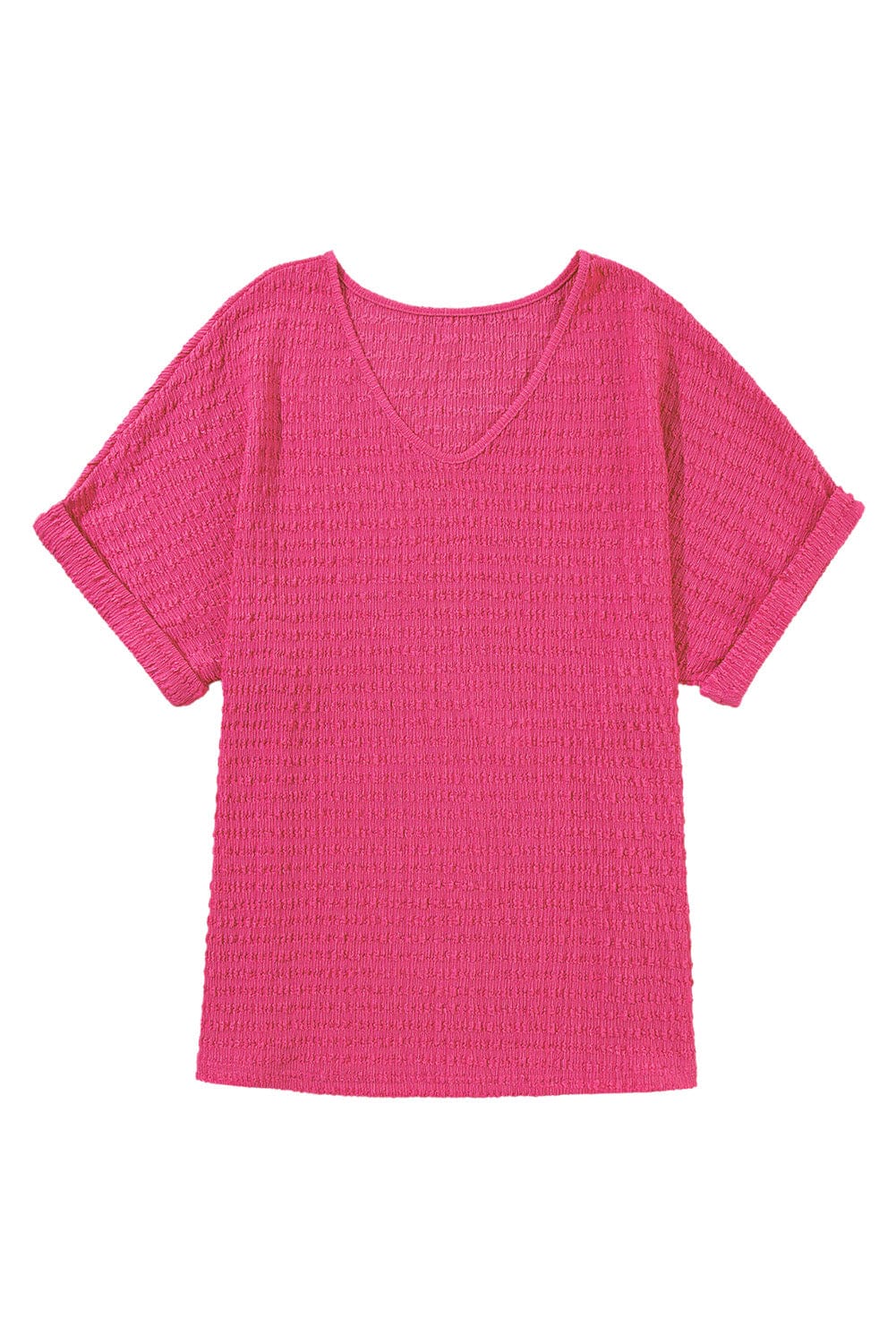 Vibrant Pink Textured V Neck Tee with Rolled Sleeves
