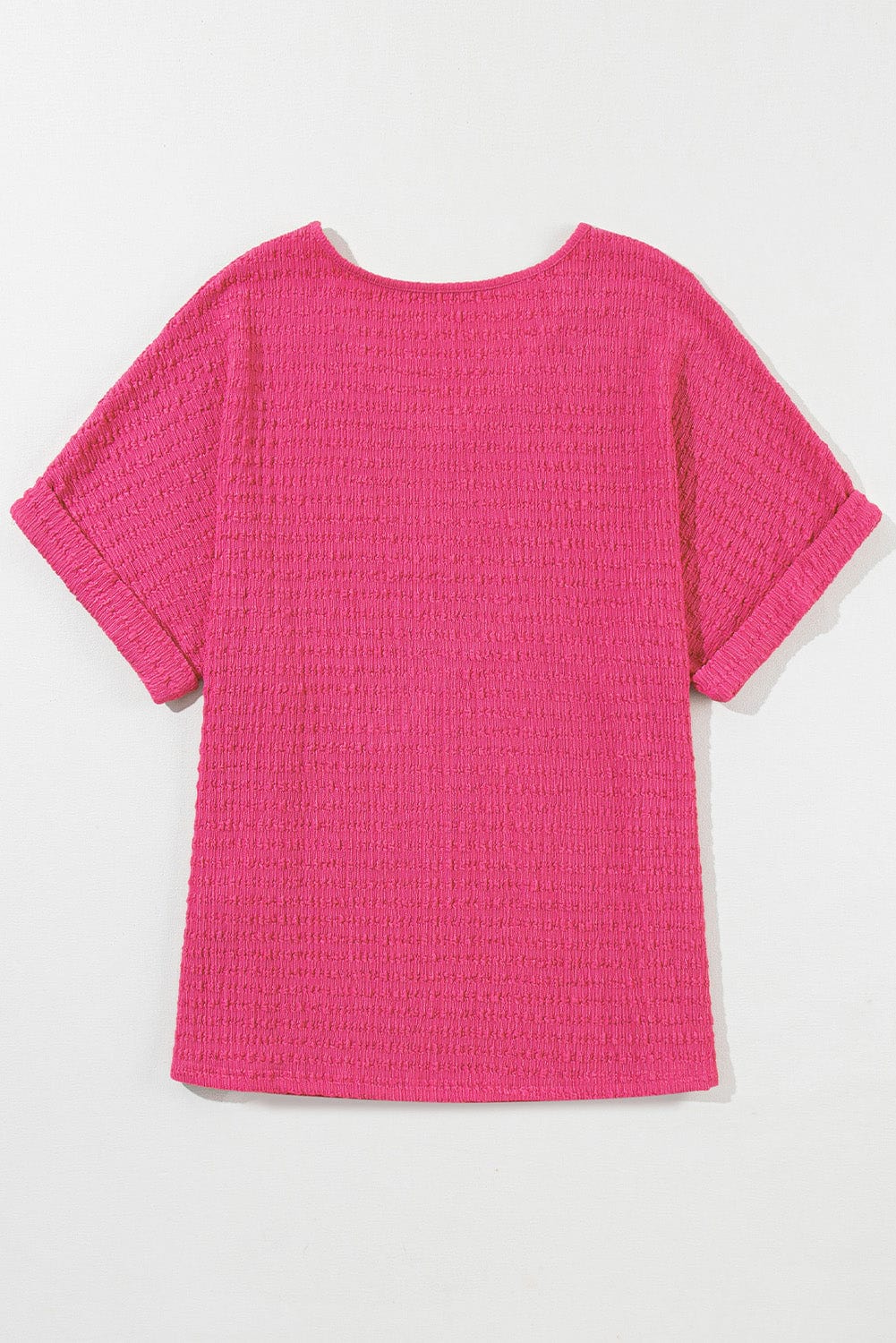Vibrant Pink Textured V Neck Tee with Rolled Sleeves