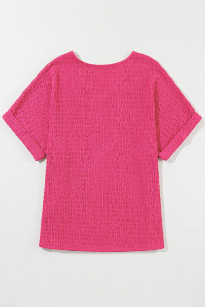 Vibrant Pink Textured V Neck Tee with Rolled Sleeves