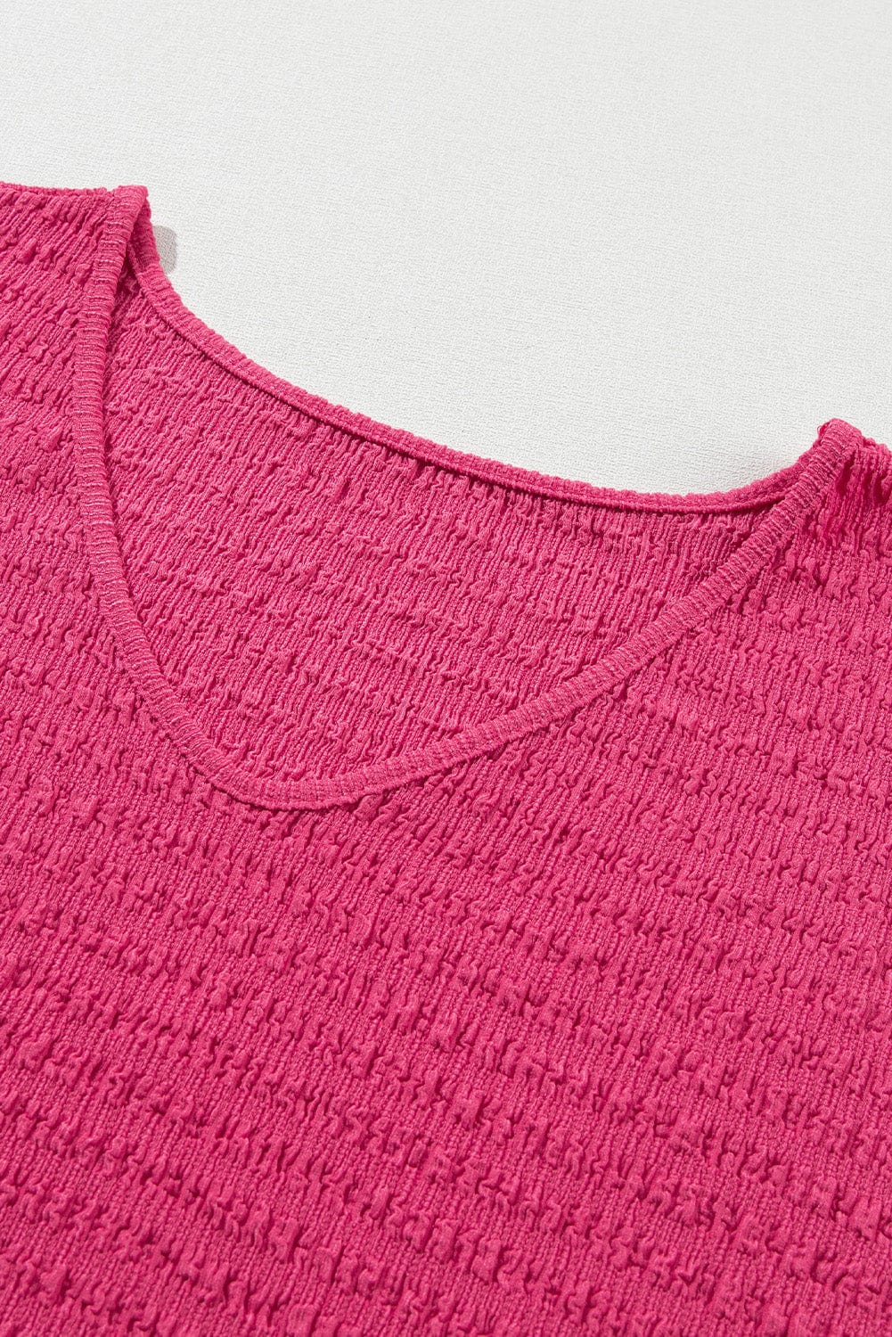 Vibrant Pink Textured V Neck Tee with Rolled Sleeves