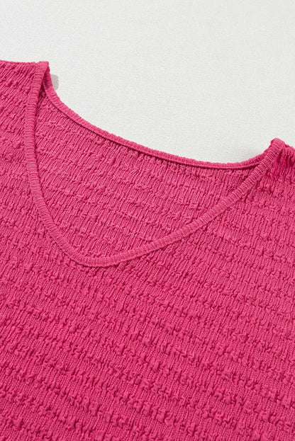 Vibrant Pink Textured V Neck Tee with Rolled Sleeves